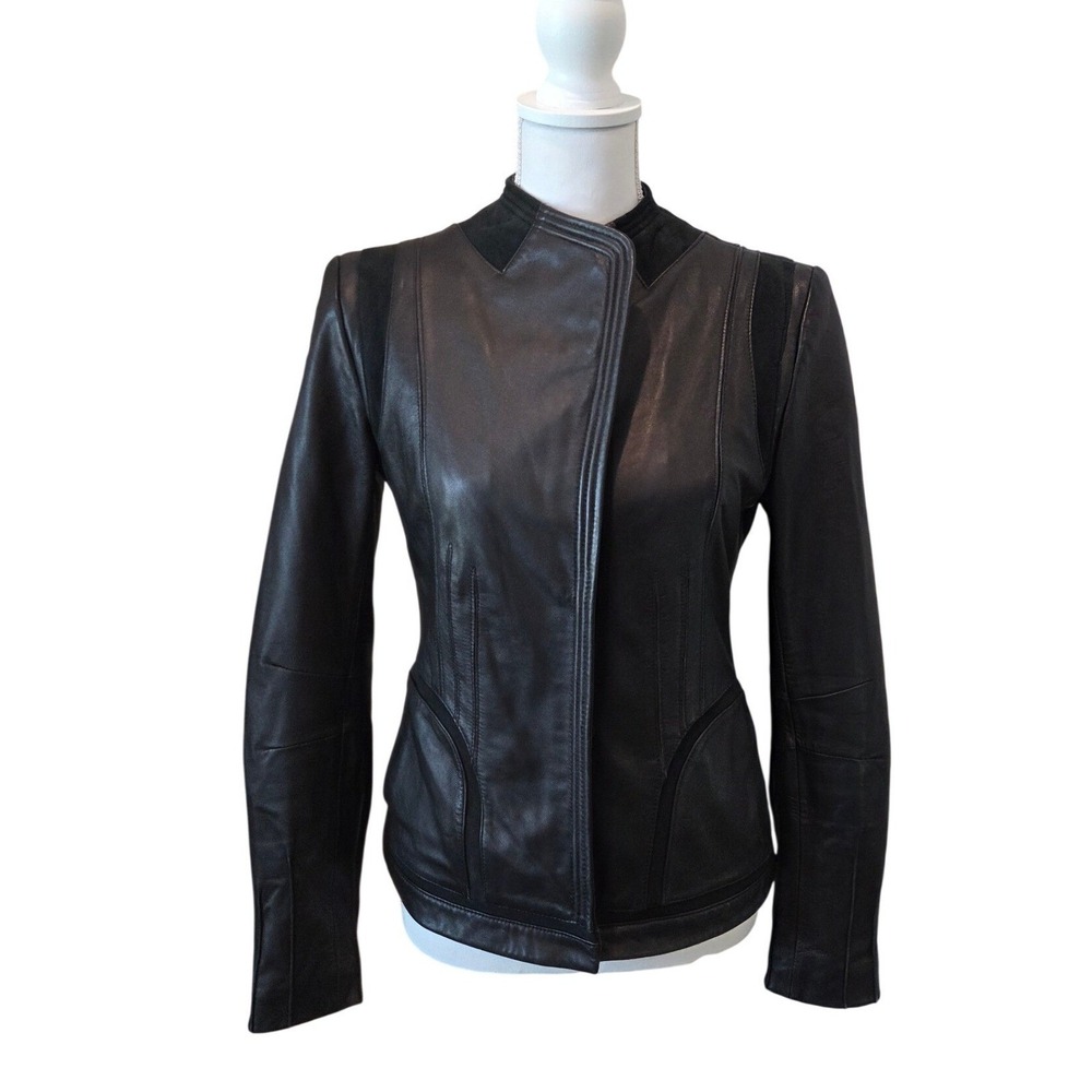 Tahari Jacket Leather Suede Asymmetrical Moto Slim Black Edgy Chic Small 0